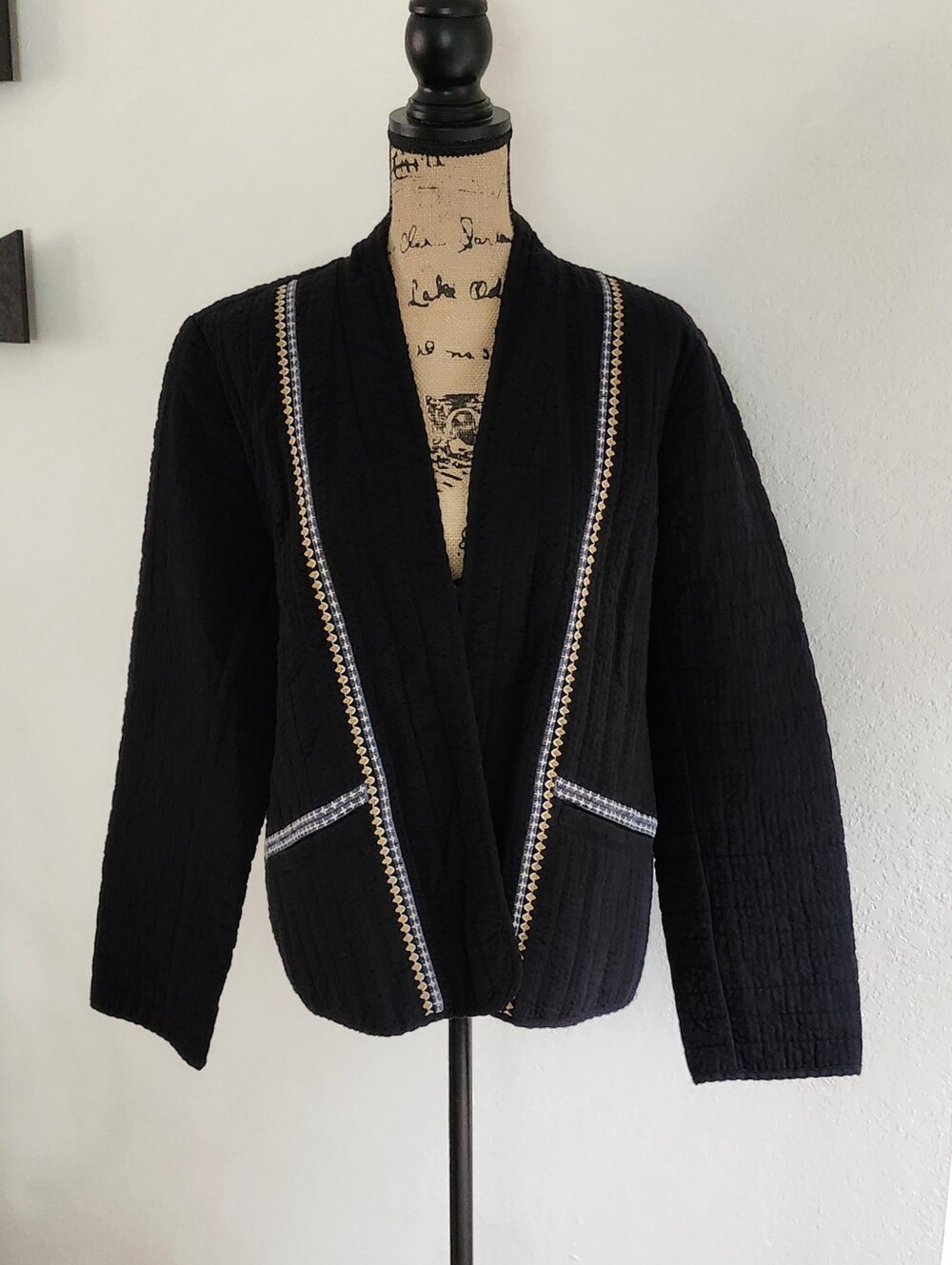 J Jill Purejill Elements Black Quilted Embroidered Kimono Jacket Sz L